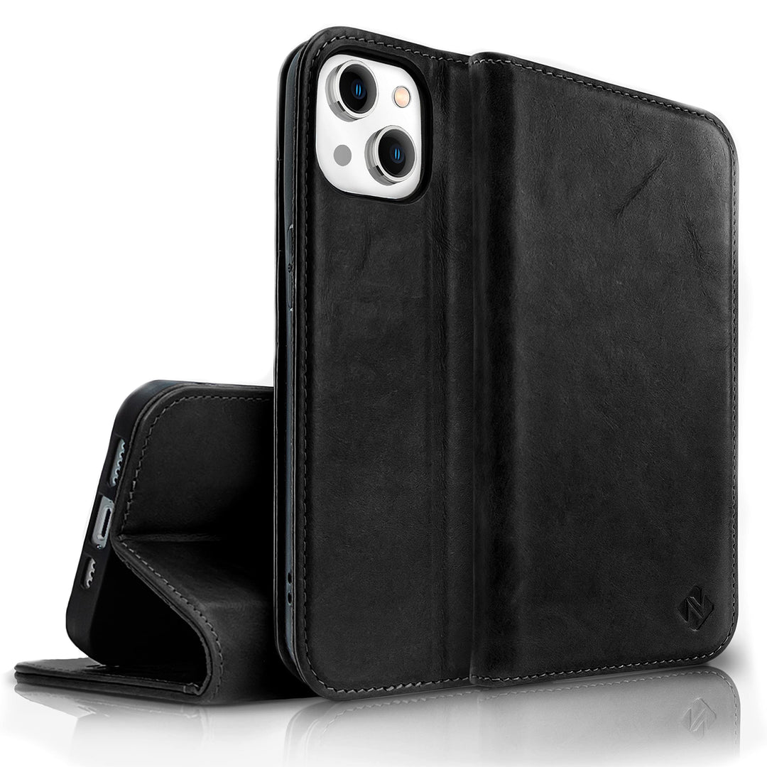NALIA Echt-Leder Flipcase kompatibel mit iPhone 14 Plus Hülle, Handgefertigt Rindsleder Schutzhülle