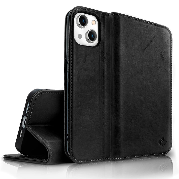 NALIA Echt-Leder Flipcase kompatibel mit iPhone 14 Plus Hülle, Handgefertigt Rindsleder Schutzhülle