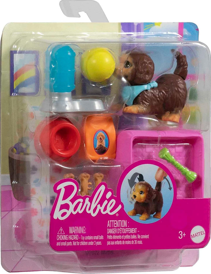 Barbie Haustiere und Zubehör, interaktives Wackeln &amp; Wackeln Welpen-Spielset mit Haustierbett, insge