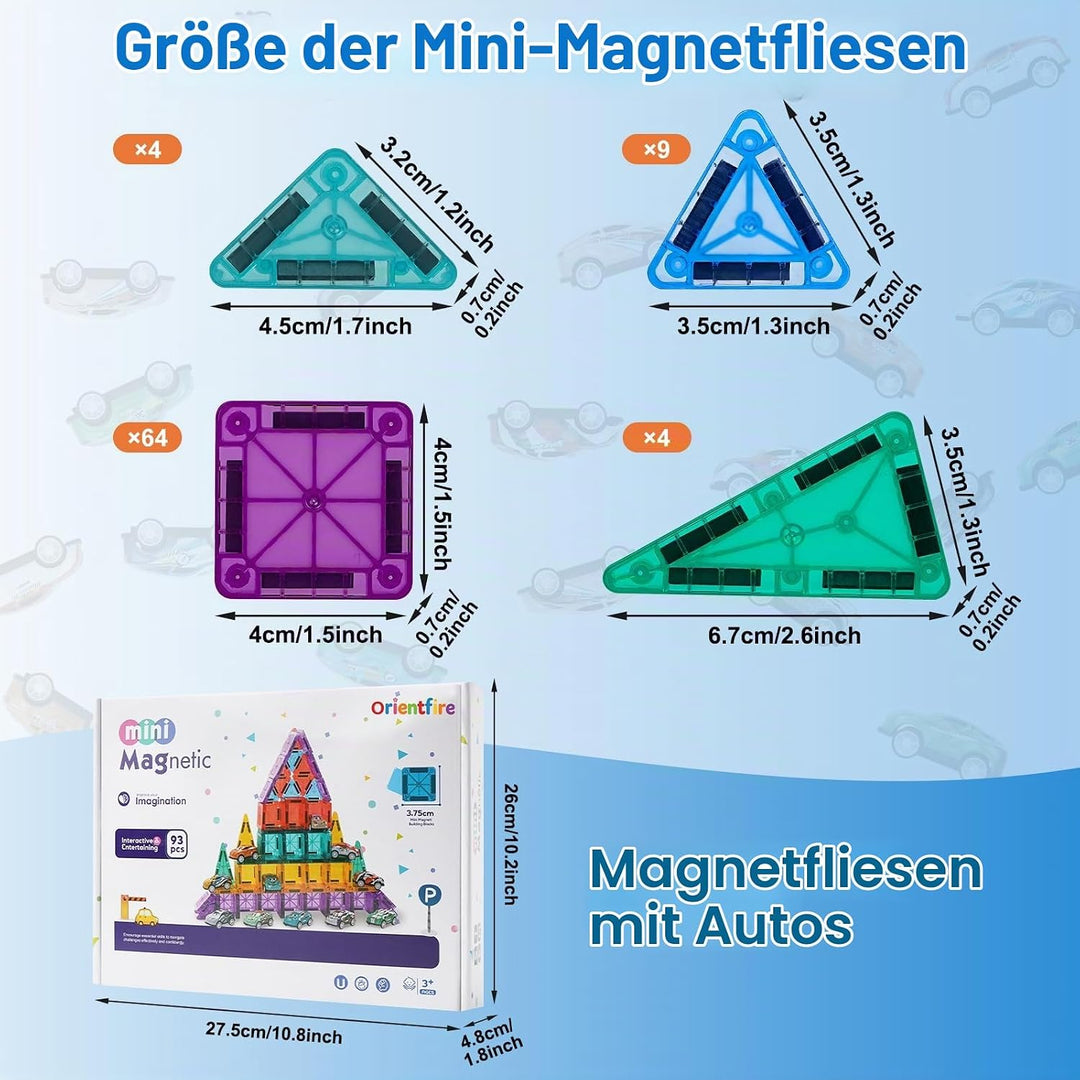 93 PCS Magnetic Tiles Mini Magnetic Building Tiles with Cars, Travel Magnetic Tiles with Storage Bag