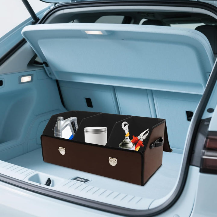 56L Auto Kofferraum Organizer, Leder Kofferraumtasche mit Deckel und Griff, Multifunktionale Aufbewa