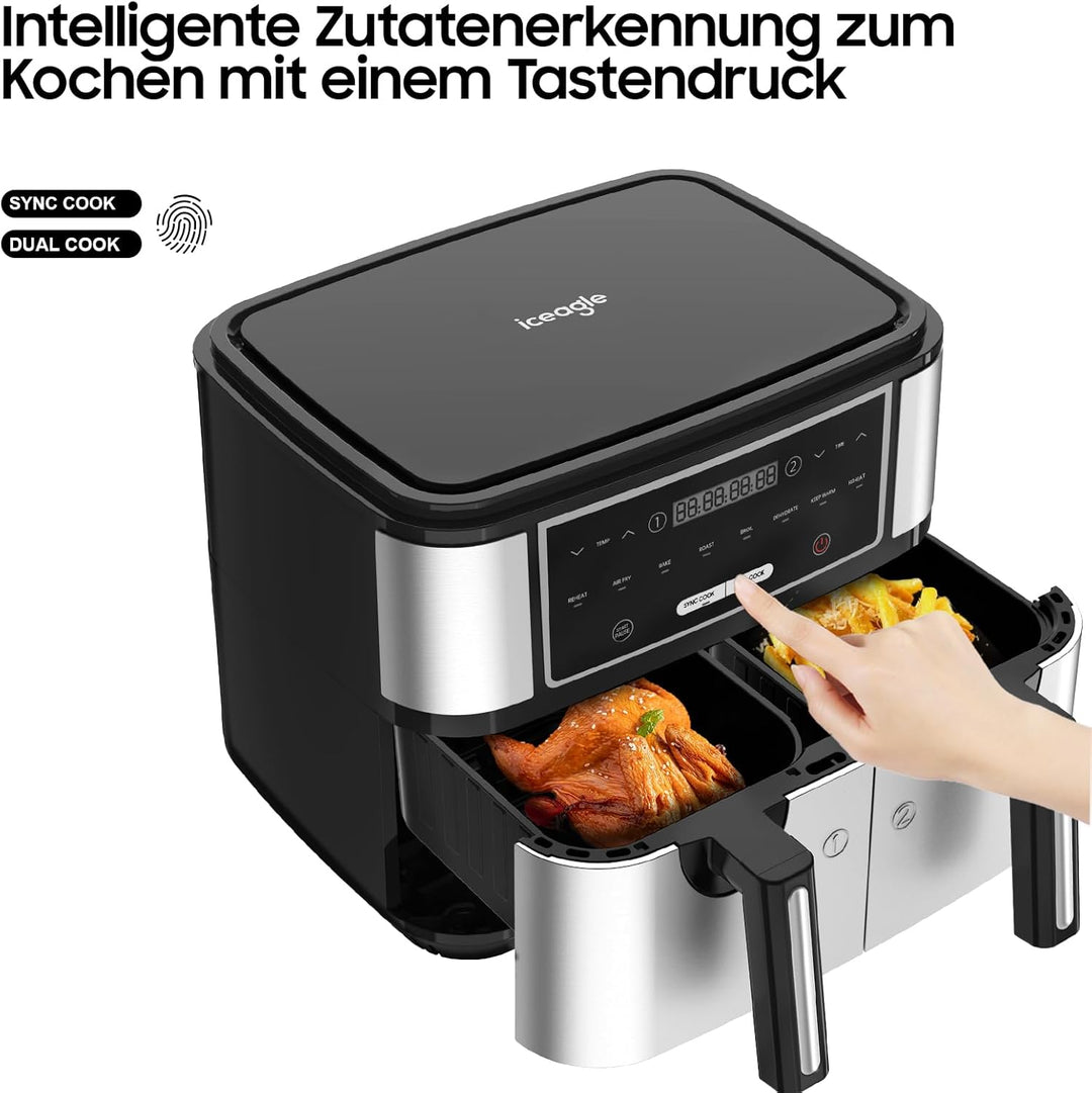 Iceagle Dual Zone Heissluftfritteuse Doppelkammer 10L - Heissluftfritteuse XXL Doppelt mit 8 Program