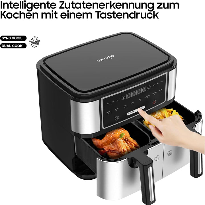 Iceagle Dual Zone Heissluftfritteuse Doppelkammer 10L - Heissluftfritteuse XXL Doppelt mit 8 Program