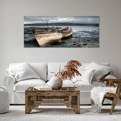 Wandbilder Dekoration Wohnzimmer Boot Wrack Ufer Panorama Bilder auf Leinwand 120x50cm Leinwandbild