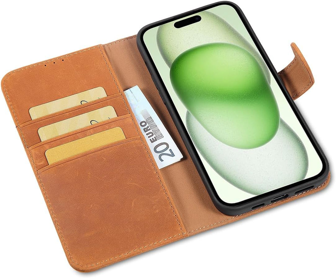 LENSUN Echtleder Hülle für iPhone 15 Plus, Handyhülle [Premium Echtes Leder][Magnetverschluss][RFID