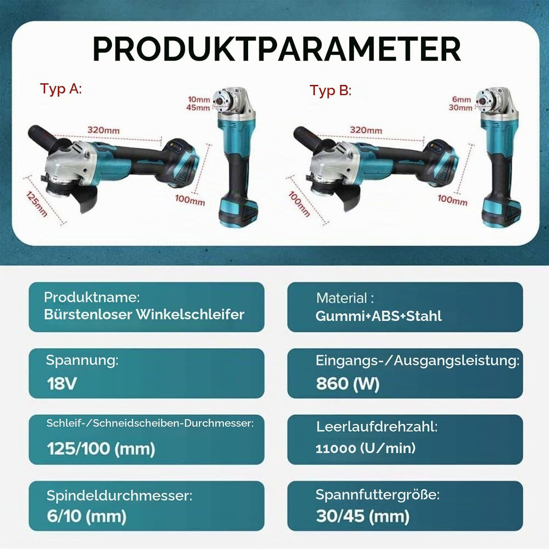 Youyijia Akku Winkelschleifer 800 Watt Scheiben-Ø 125 mm Leerlaufdrehzahl | 0-20.000U/min 18V Winkel