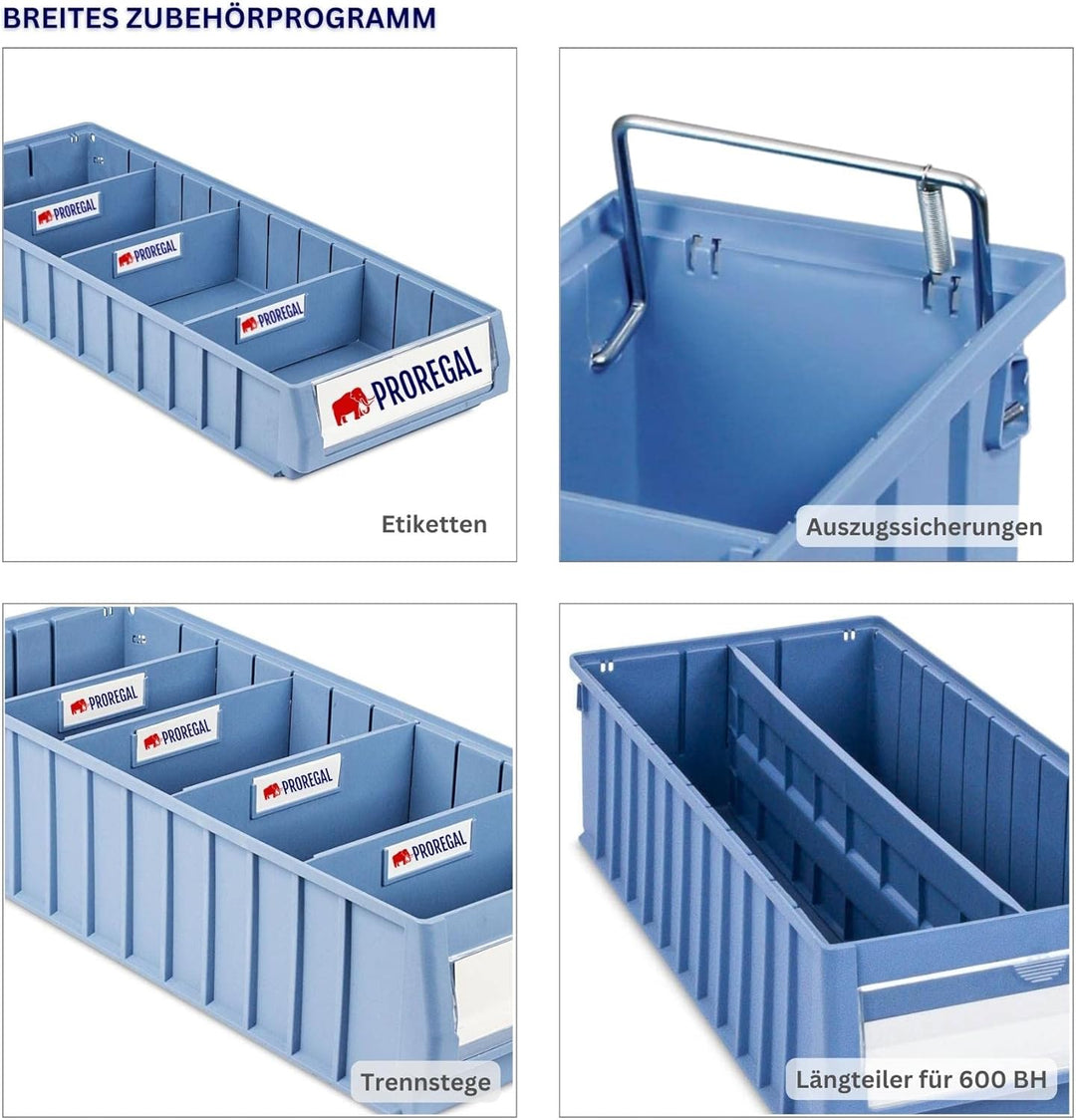 SparSet 5x Regalkasten 500 SN mit Etikett & Schutzhaube | HxBxT 9x11,7x50cm | 3,5 Liter | Sichtlager