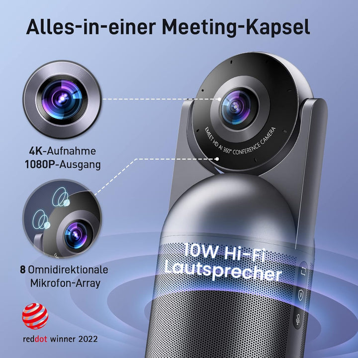 EMEET Videokonferenzkamera Meeting Capsule mit 1080P 360 Webcam 8 Mikrofonen Hi-Fi Lautsprecher, KI-