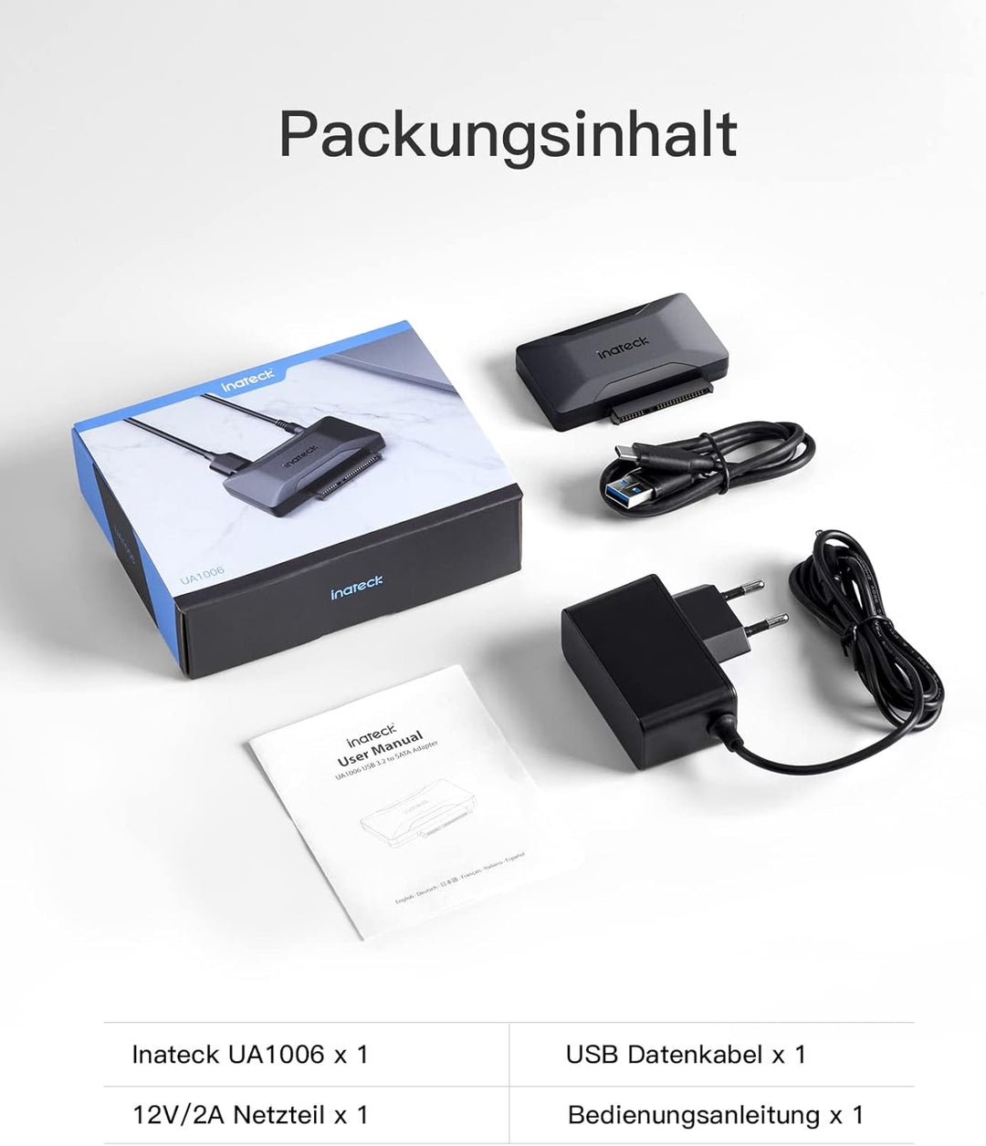 Inateck SATA USB Adapter, USB 3.2 Gen 2 Festplattenadapter für 2.5/3.5 Zoll SSD/HDD, 12V/2A Netzteil