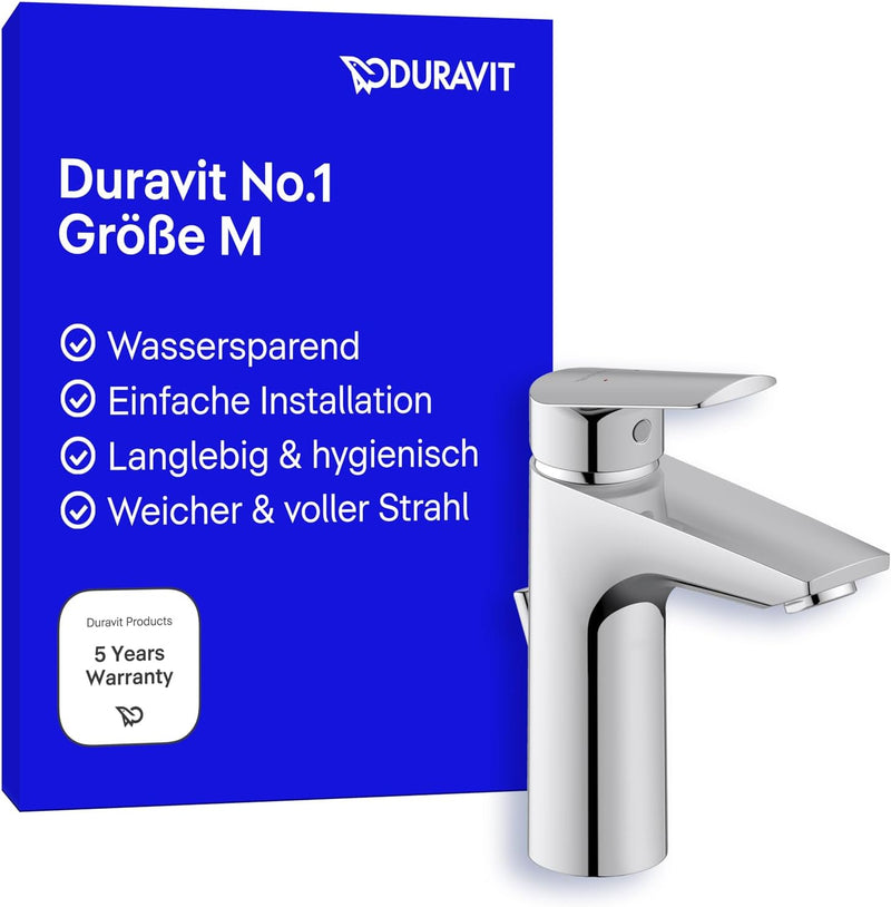 Duravit No.1 Waschtischarmatur, Grösse M (Auslauf Höhe 117 mm), Wasserhahn Bad mit Zugstangen-Ablauf