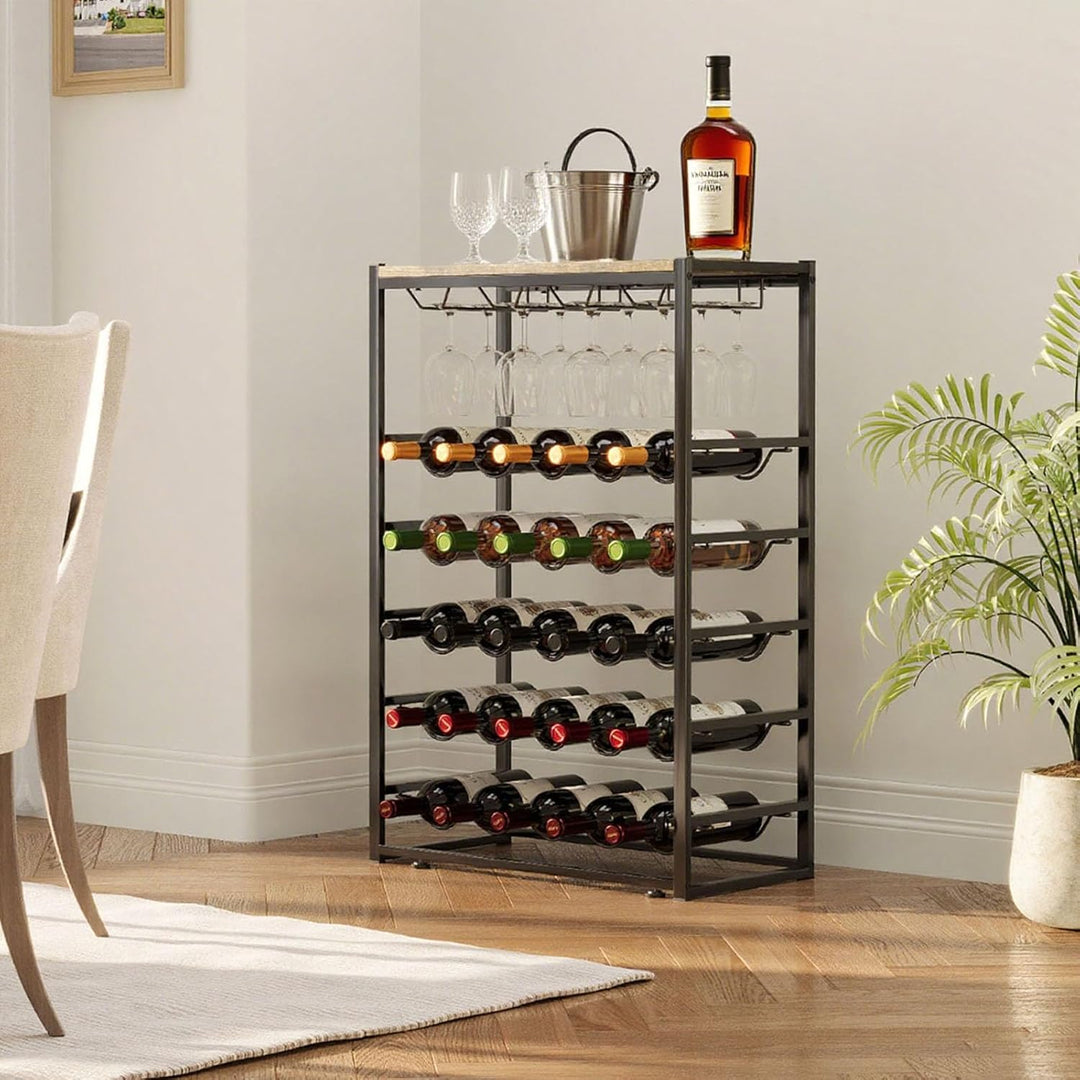Urban Deco Weinregal für 30 Flaschen, Flaschenregal Stehend mit Holz Tischplatte, Weinregal Metall S