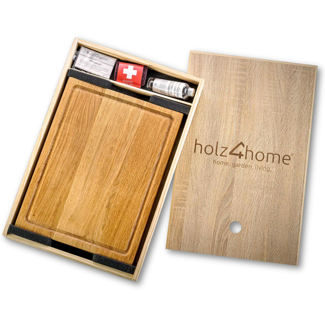 Holz4home Schneidebrett Set Alina Aus massiver Eiche in Geschenkbox mit Pflegeutensilien | Handgearb