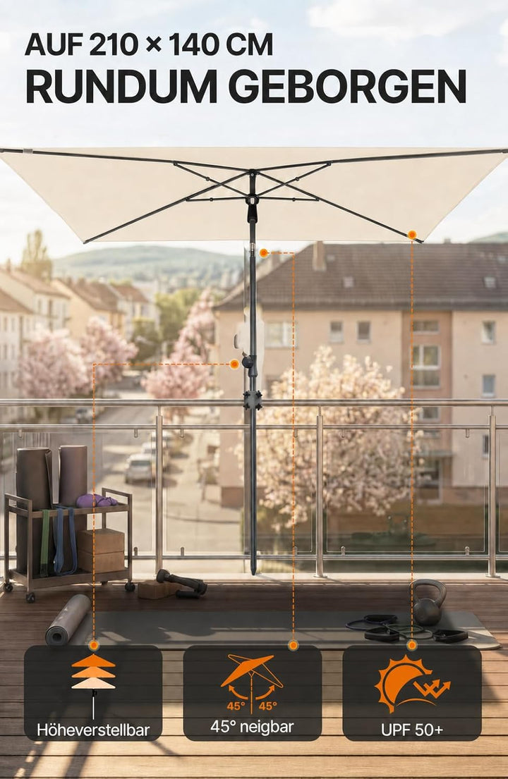 4smile SunnyShade Balkonschirm Rechteckig 210x140 cm, Sonnenschirm Balkon mit UPF 50+, Sonnenschutz