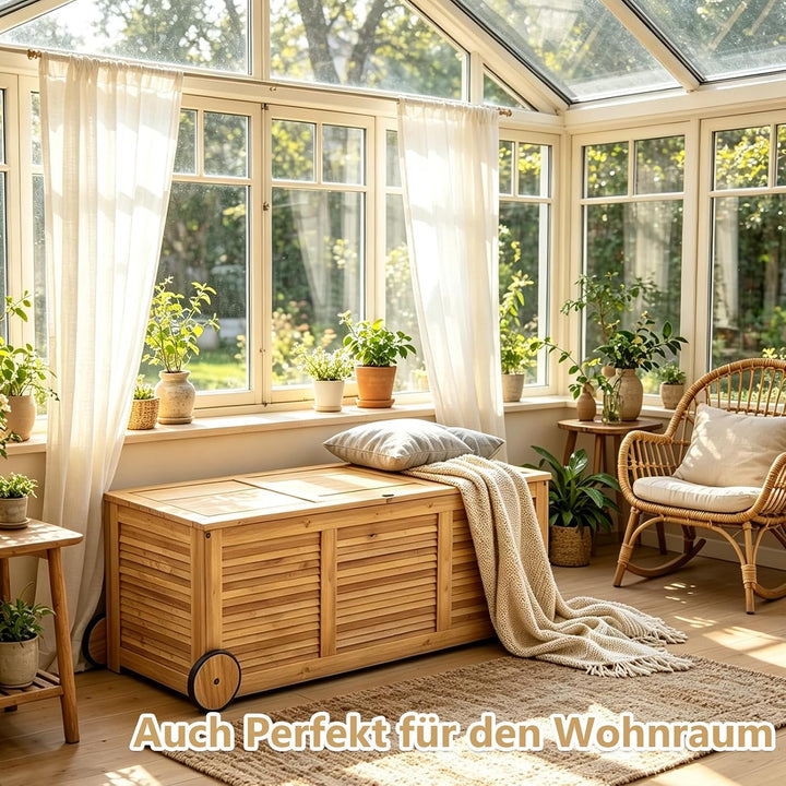 GIANTEX Auflagenbox Kissenbox Akazien Holz 182L, Gartenbox Aufbewahrungsbox mit Rollen, Kissentruhe