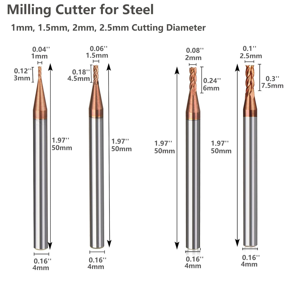 8 Stücke Fräser Schaftfräser Hartmetall 4-Flöte, 1-4mm CED TiSiN Coat Spiralfräser Bit VHM CNC Bohra