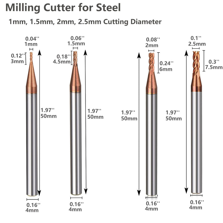 8 Stücke Fräser Schaftfräser Hartmetall 4-Flöte, 1-4mm CED TiSiN Coat Spiralfräser Bit VHM CNC Bohra