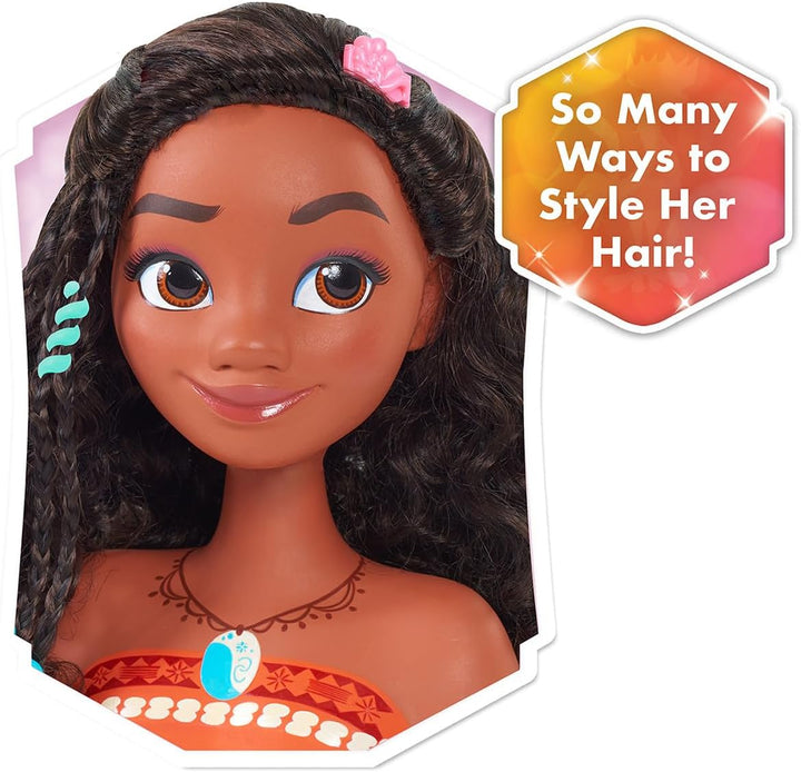 Just Play Disney Princess Moana Frisierkopf mit Zubehör, 14-teilig, schwarzes Haar, braune Augen, Ki