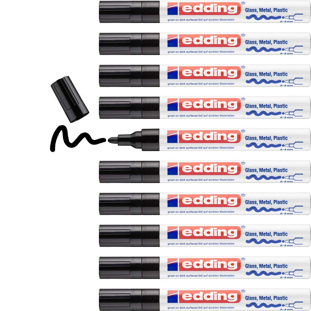 edding 750 Glanzlackmarker - schwarz - 10 Lackmarker - Rundspitze 2-4 mm - Lackstift für Glas, Stein