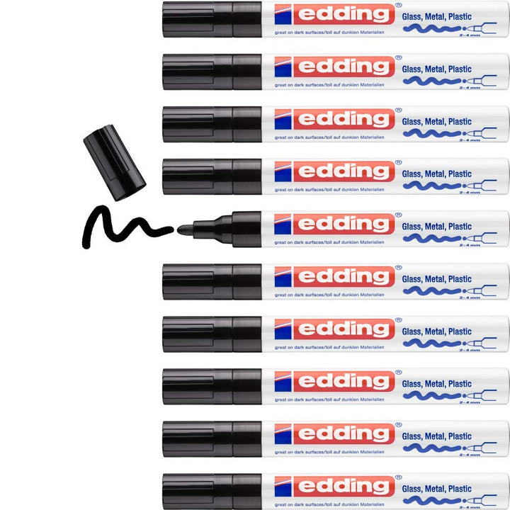 edding 750 Glanzlackmarker - schwarz - 10 Lackmarker - Rundspitze 2-4 mm - Lackstift für Glas, Stein