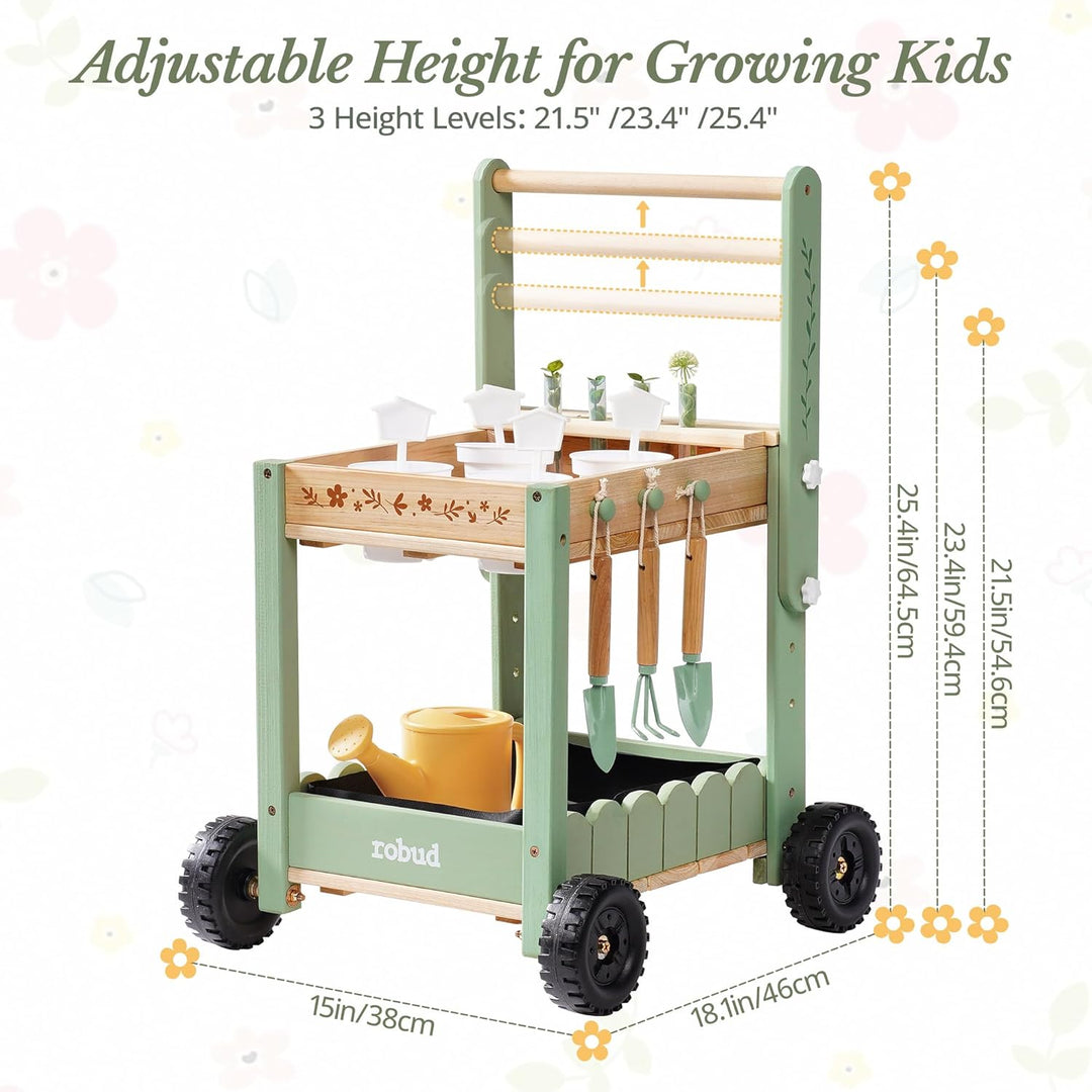 ROBUD Kinder Gartengeräte mit Holzwagen, Gartenwerkzeug mit Giesskanne, Schaufel, Handrechen, Pflanz