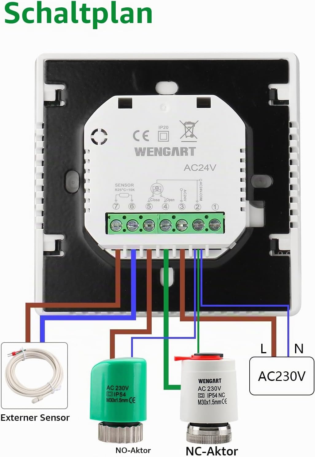Wengart 24V Thermostat WG538,3A Thermostatsteuerung für den Innenbereich,wöchentliche Programmierung