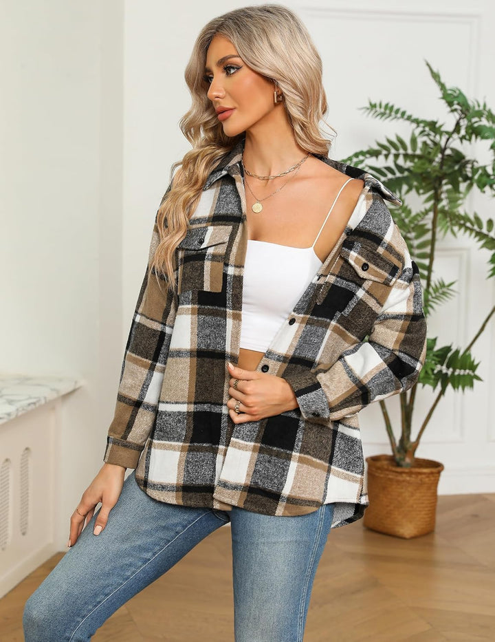 Zeagoo Damen Hemdjacke Karierte Jacke Langarm Shacket Mantel Flanell Jacke Hemdbluse mit Knöpfen Bra