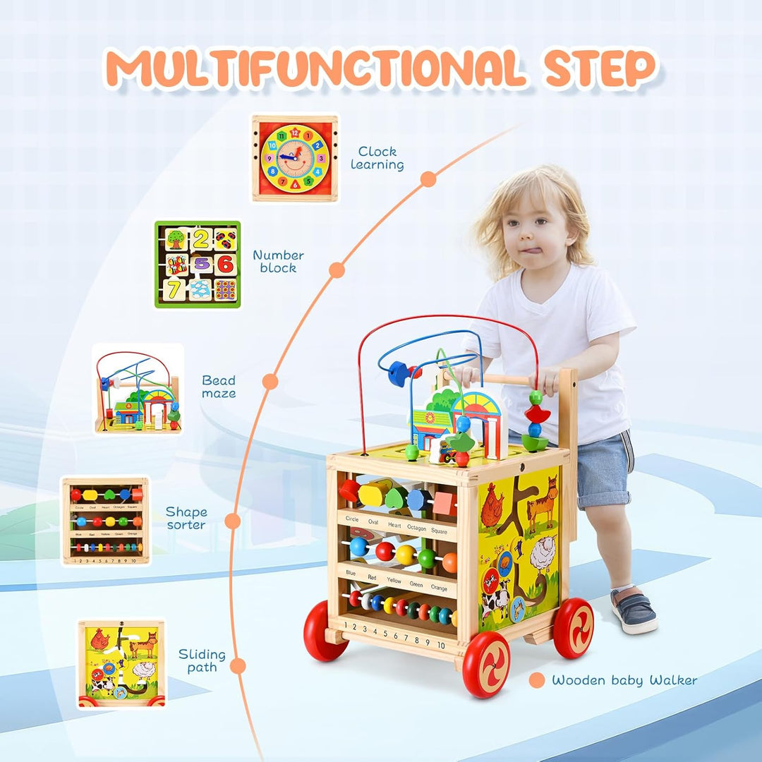 Lauflernwagen aus Holz - Höhenverstellbare Lauflernhilfe mit Puzzle, und Zahlen - Pädagogisches Baby