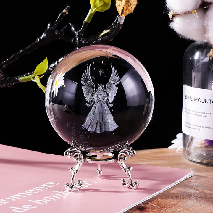 3D Betender Schutzengel Figuren Kristallkugel mit Silber Ständer Gedenkgeschenk für Frauen Freund Be