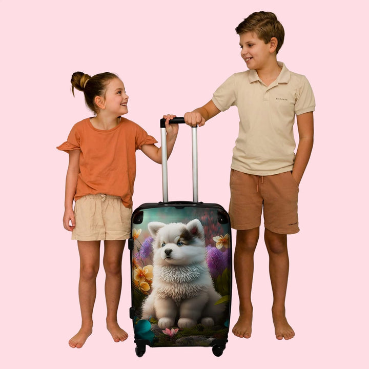 Koffer gross Trolley Rollkoffer Reisekoffer mit 4 Rollen Fotokoffer - Welpe - Blumen - Pflanzen - Na