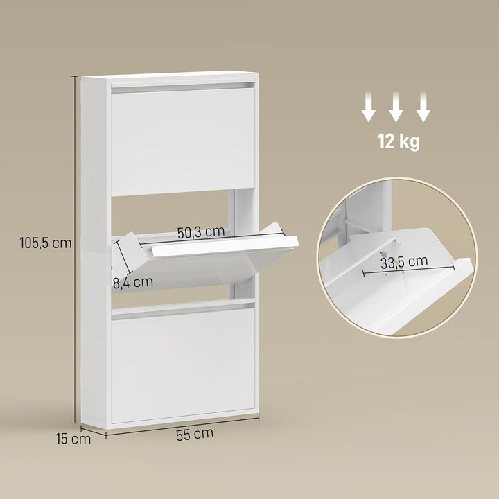 HOMCOM Schuhschrank Metall mit 3 Klappen Schuhkipper Schmal Schuhkommode Schuhregal Schuhablage Wand