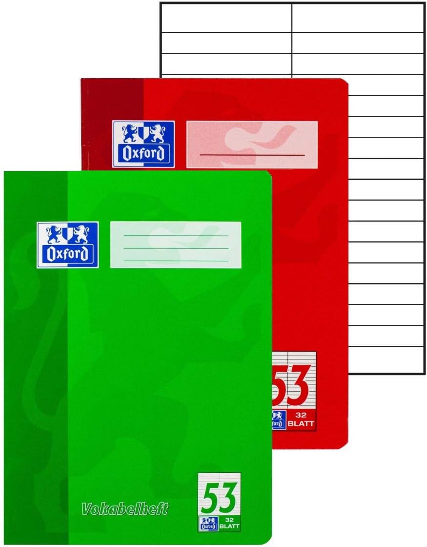 Oxford Vokabelheft, A4, Lin. 53 (2 Spalten), 32 Blatt, rot und grün, 10 Stück Single, Single