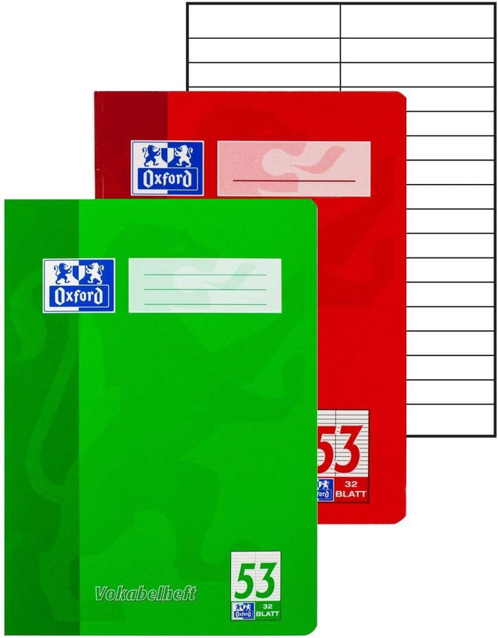 Oxford Vokabelheft, A4, Lin. 53 (2 Spalten), 32 Blatt, rot und grün, 10 Stück Single, Single