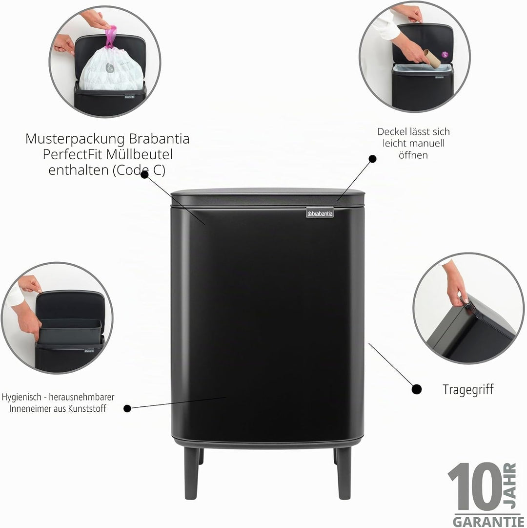 Brabantia - Mülleimer Bo Hi 12L mit Soft-Close-Deckel, herausnehmbarem Inneneimer und Transportgriff