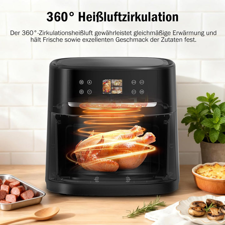 Heissluftfritteuse XXL, 8L Air Fryer mit Kamera, Sichtfenster und Shake Reminder, DIY-Funktionalität