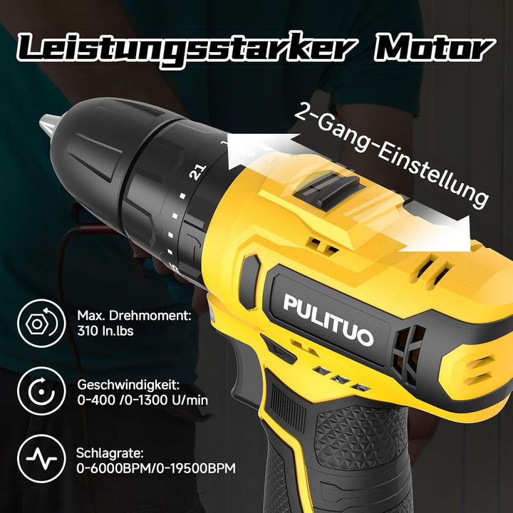 Akku-Schlagbohrmaschine 12 V, PULITUO schlagbohrschrauber set, Akkuschrauber mit 3/8" Metallfutter,