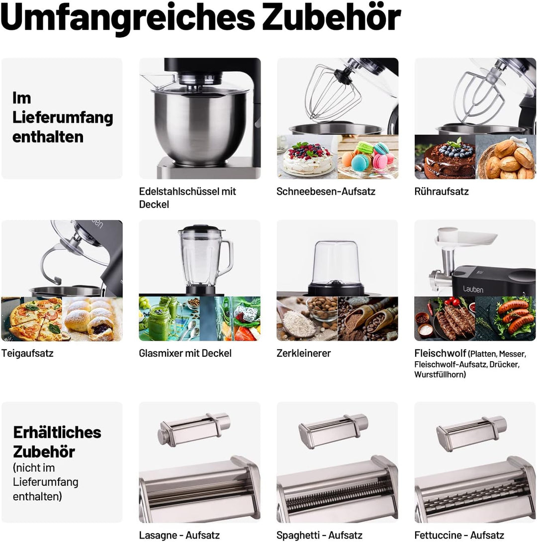 Küchenmaschine Lauben Kitchen Machine 1200BC mit Kupfermotor und Ganzmetall-Getriebe, 1200W, Mixer a