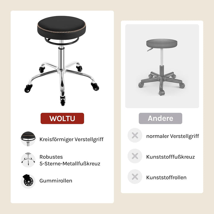 WOLTU Rollhocker höhenverstellbar, Bürohocker 360° drehbar, Schwarz | Drehhocker mit Rollen, runder
