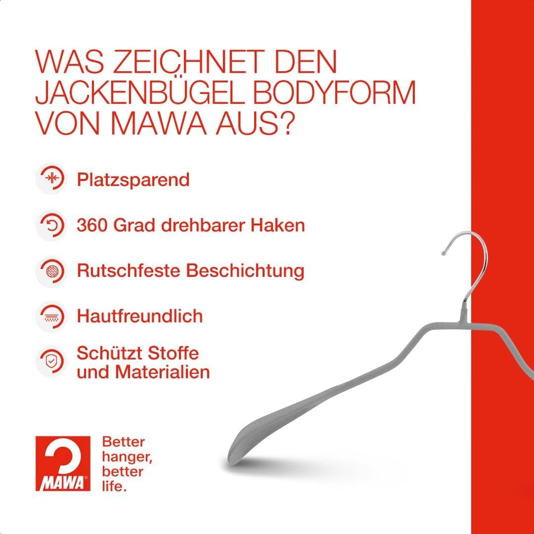 MAWA Kleiderbügel, 10 Stück, körpergeformte Metallbügel für Jacken, Mäntel, Blazer und Jacketts, 360