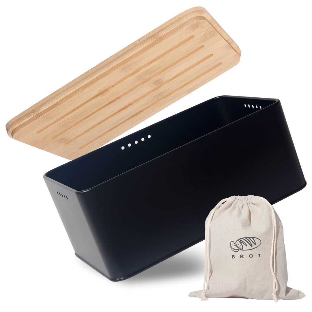 Theo&Cleo Brotkasten mit Schneidebrett , 33x21x15cm , Matte Brotbox mit Bambusdeckel und Leinen Brot