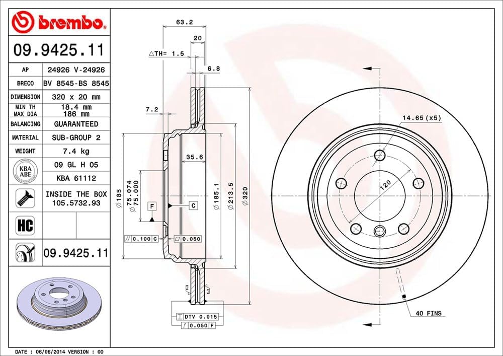 Brembo 09.9425.11 Hintere Bremsscheibe mit UV Lackierung, Anzahl 2