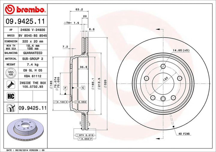 Brembo 09.9425.11 Hintere Bremsscheibe mit UV Lackierung, Anzahl 2