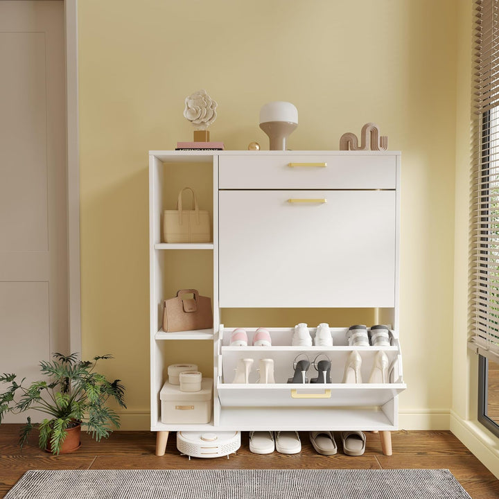 Schuhschrank mit 2 Klappen Schmal Schuhschrank mit 2 Flip-Schuhregal 1 Schublade und 3 Ablagefächer