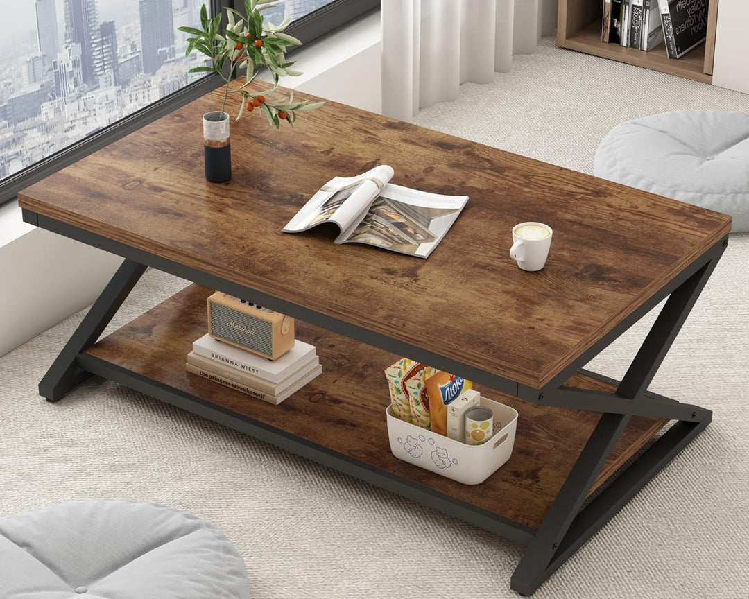 HSH Braun Couchtisch mit Ablage, industrieller Metall-Holz-Wohnzimmertisch, Bauernhaus, minimalistis