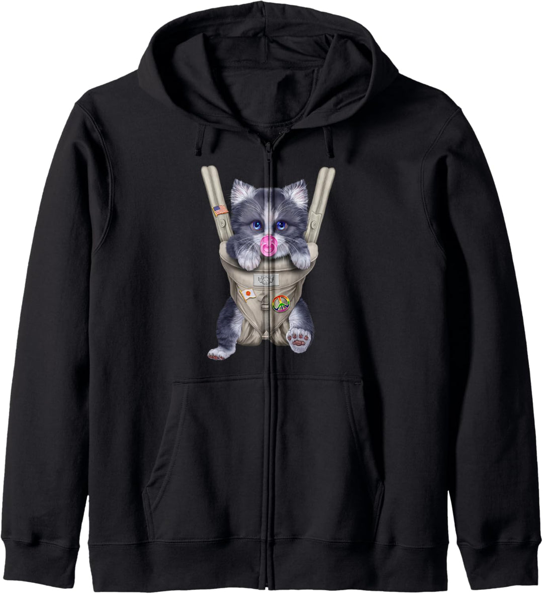 Zweifarbige Katze mit einem Schnuller in der Babytrage Kapuzenjacke