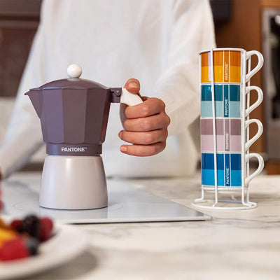 Egan Set mit 4 Kaffeetassen Impil. mit Metalrack Pantone Linear + Moka Violett 6 Tassen