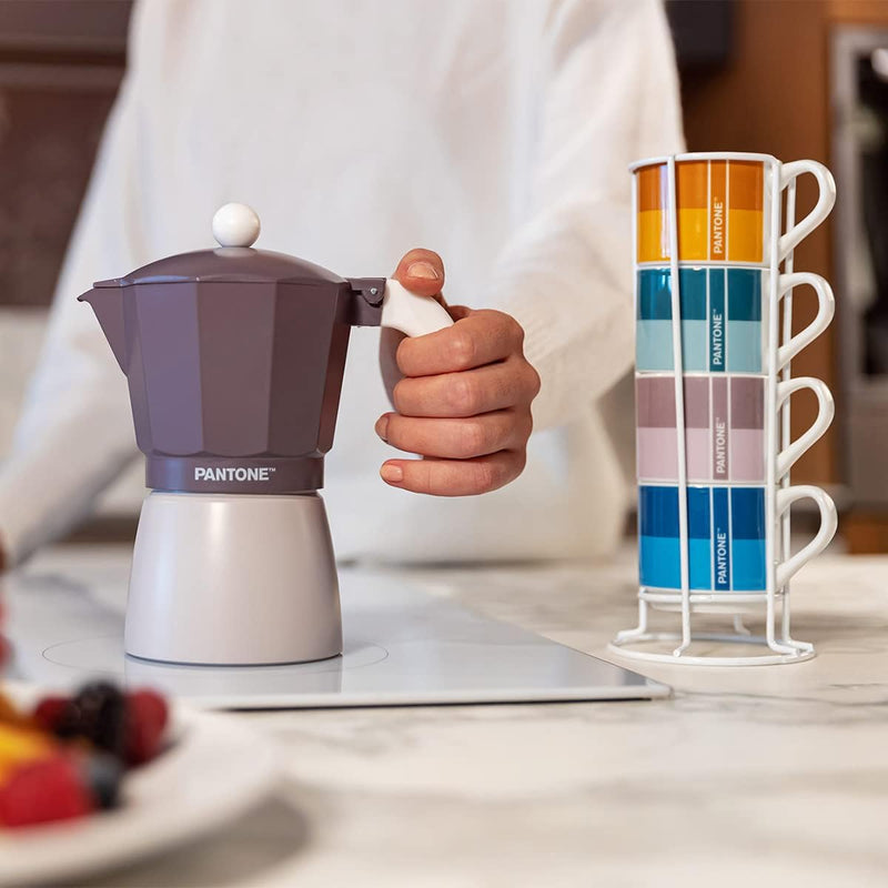 Egan Set mit 4 Kaffeetassen Impil. mit Metalrack Pantone Linear + Moka Violett 6 Tassen