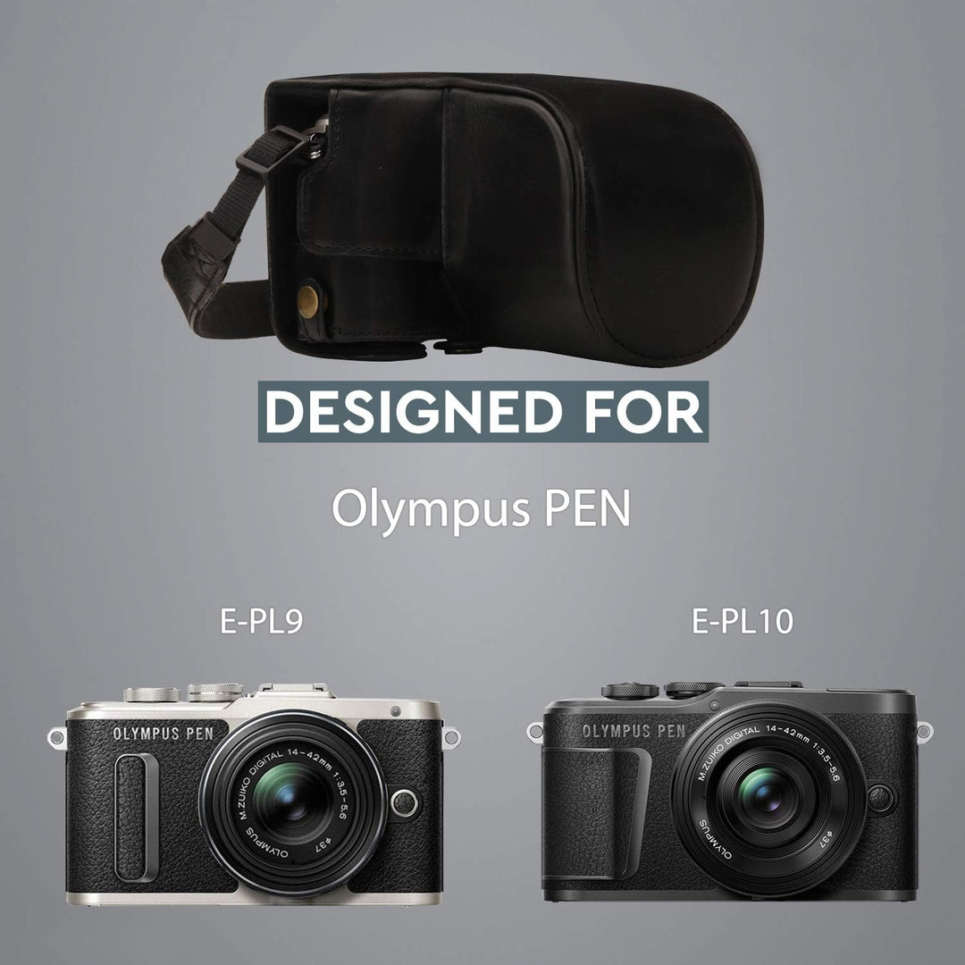 MegaGear MG1451 Olympus PEN E-PL9 (14-42mm) Ever Ready Leder Kamera-Case mit Trageriemen - Black Sch