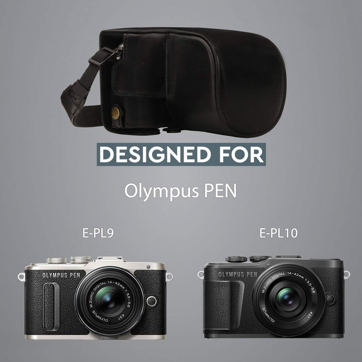 MegaGear MG1451 Olympus PEN E-PL9 (14-42mm) Ever Ready Leder Kamera-Case mit Trageriemen - Black Sch