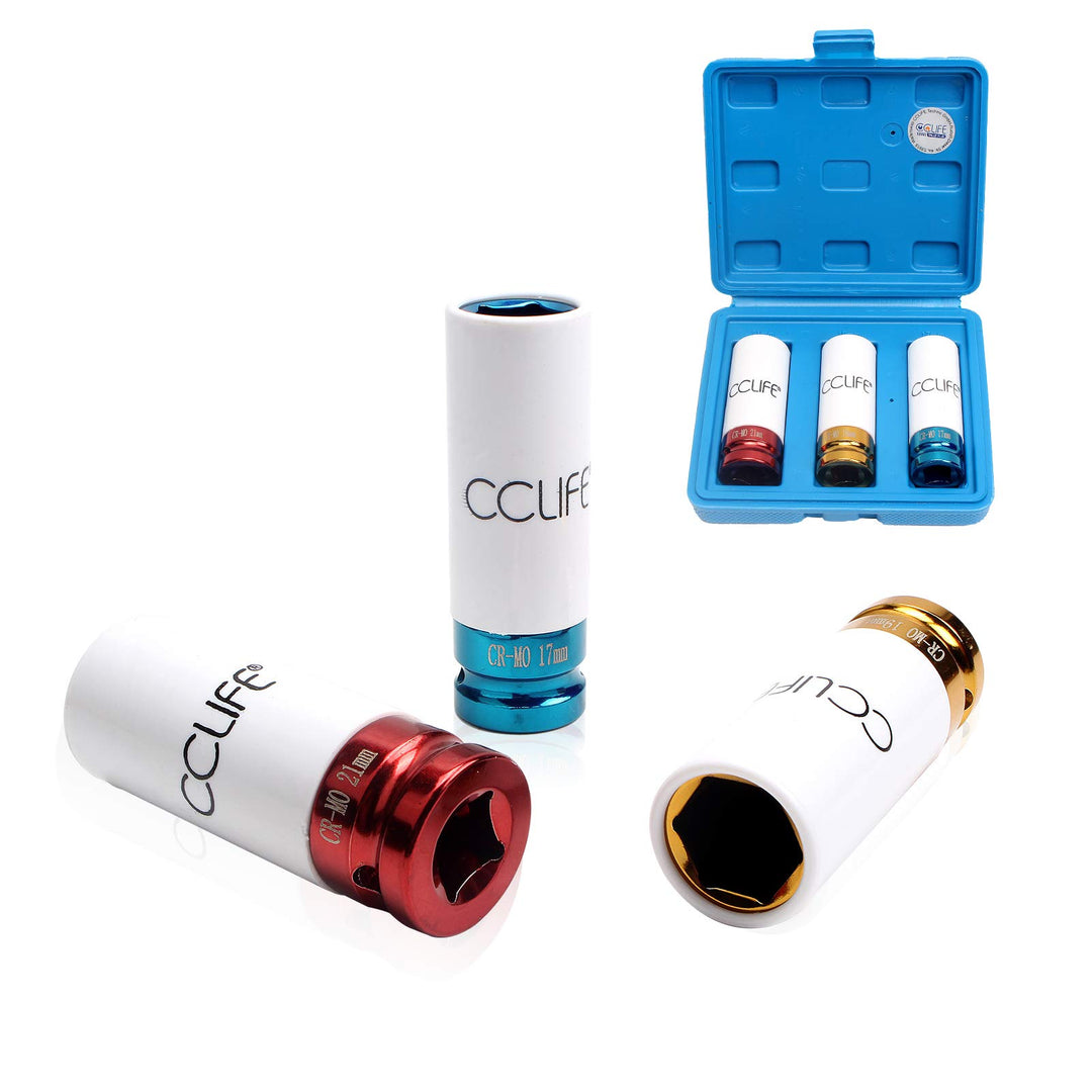 CCLIFE 3tlg Steckschlüsselsatz Schoneinsätze 1/2" Alufelgen 17 19 21mm Cr-Mo Schlagschrauber Nüsse S