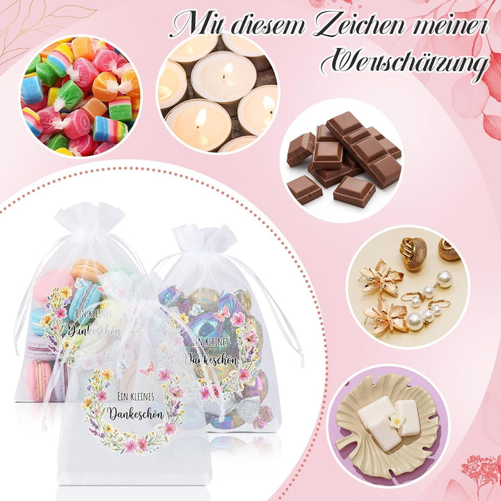 Hestya 60 Stück Dankeschön Gastgeschenke, Organza Geschenkbeutel mit Blumenmotiv Geschenkbeutel für